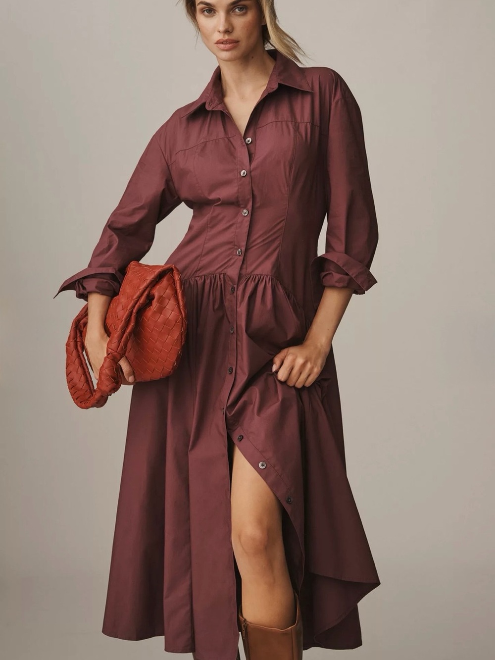 Drop-Waist Midi Shirt Dress in Burgundy
